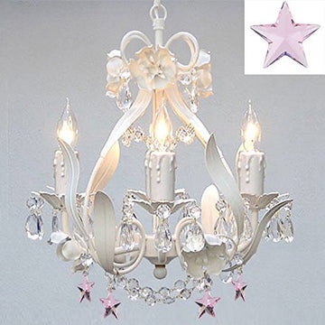 White Iron Empress Crystal(Tm) Flower Chandelier Lighting W/ Pink Crystal Stars - Nursery Kids Girls Bedrooms Kitchen Etc - J10-B38/White/26027/4