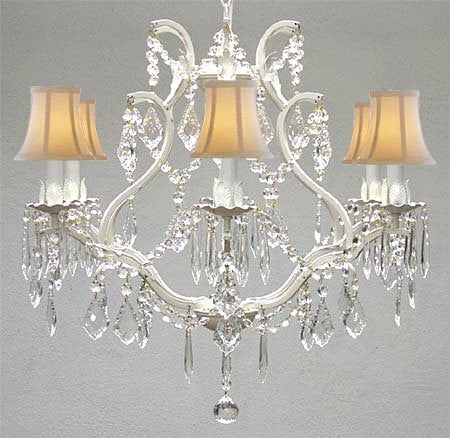 Wrought Iron Crystal Chandelier Lighting H 19" W 20" - With White Shades - A83-Whiteshades/White/3530/6