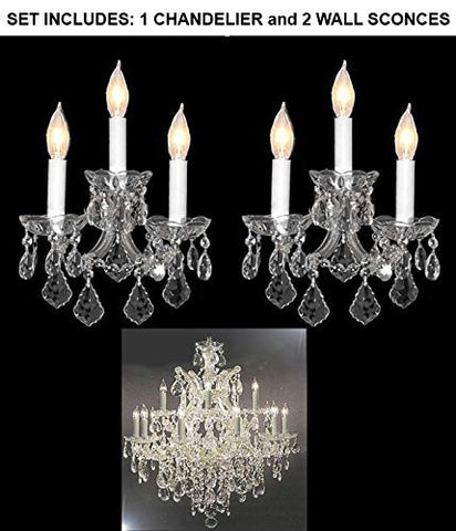 Set Of 3 - 1 Chandelier Crystal Lighting Chandeliers H 30" W 28" And 2 Maria Theresa Wall Sconce Crystal Lighting H14" x W11.5" - 1Ea-Cs/21532/12+1 + 2Ea-Cs/2813/3 A500-