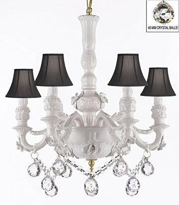 Authentic Capodimonte White Porcelain Chandelier Lighting Chandeliers Cottage Chic Made in Italy, Good for Dining Room, Kids & Girls Bedrooms w/ Roses & Flowers Speciality item, W/ Crystal Balls With Black Shades - GB102-SC/BLACKSHADE/B52/B6/WHITE/435/6