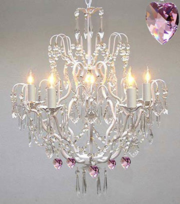 Wrought Iron & Crystal Chandelier Authentic Empress Crystal(Tm) Chandelier With Pink Hearts Nursery Kids Girls Bedrooms Kitchen Etc. - J10-White/B21/C/26025/5