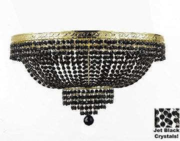 French Empire Semi Flush Crystal Chandelier Lighting - Dressed With Jet Black Color Crystals H21" X W30" - A500-B80/Flush/Cg/870/14