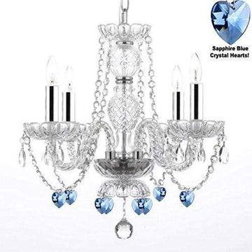 Chandelier Lighting W/Crystal Blue Hearts! H 17" W17" Swag Plug in-Chandelier W/ 14' Feet of Hanging Chain and Wire! - Perfect for Kid's and Girls BEDROOMS W/Chrome Sleeves! - J10-B43/B15/B85/26098/4