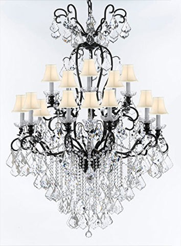 Swarovski Crystal Trimmed Wrought Iron Crystal Chandelier Lighting W38" H60" - Good for Entryway, Foyer, Living Room, Ballrooms, Catering Halls, Event Halls! w/ White Shades - A500-WHITESHADES/B12/556/16SW