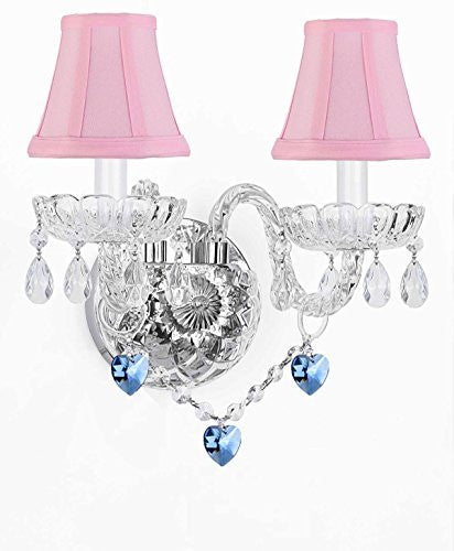 Wall Sconce Lighting With Crystal Blue Hearts - Perfect For Kids And Girls Bedrooms With Shades - G46-Pinkshades/B85/2/386