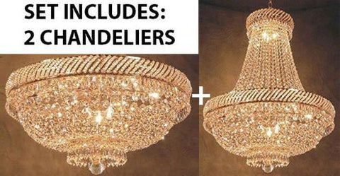 Set Of 2 - French Empire Crystal Chandelier Lighting H26" X W23" + French Empire Crystal Flush Chandelier Lighting H 16" W 23" - Good For The Dining Room Foyer Hallway Bedroom Kitchen - 1Ea-A500-448/9+1Ea-A500-Flush/448/9