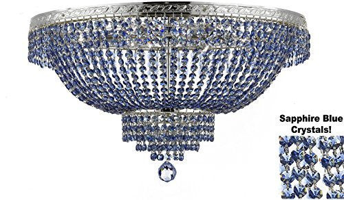 French Empire Semi Flush Crystal Chandelier Lighting - Dressed With Sapphire Blue Color Crystals H21" X W30" - A500-B82/Flush/Cs/870/14
