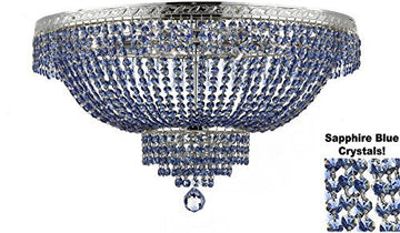 French Empire Semi Flush Crystal Chandelier Lighting - Dressed With Sapphire Blue Color Crystals H21" X W30" - A500-B82/Flush/Cs/870/14
