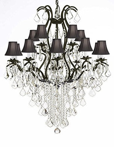 Wrought Iron Chandelier Crystal Chandeliers Lighting H50" X W36" With Black Shades Great For Dining Room Entryway / Foyer Or Living Room - A500-Sc/Blackshade/B12/3034/10+5