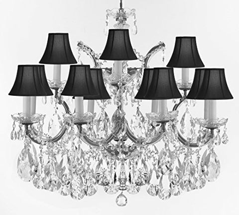 Swarovski Crystal Trimmed Maria Theresa Chandelier Crystal Lighting Fixture Pendant Ceiling Lamp for Dining room, Entryway , Living room With Large, Luxe Crystals! H22" X W28" w/ Black Shades - A500-CS/BLACKSHADES/B89/21532/12+1SW