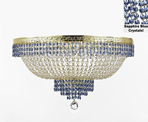 Flush French Empire Crystal Chandelier Lighting Trimmed With Sapphire Blue Crystal Good For Dining Room Foyer Entryway Family Room And More H21" W30" - A500-B83/Cg/Flush/870/14