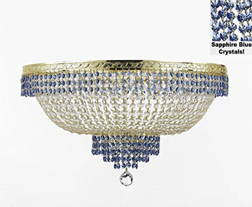 Flush French Empire Crystal Chandelier Lighting Trimmed With Sapphire Blue Crystal Good For Dining Room Foyer Entryway Family Room And More H21" W30" - A500-B83/Cg/Flush/870/14