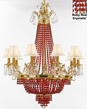 French Empire Crystal Chandelier Chandeliers H40" W30" - Dressed With Ruby Red Crystals And White Shades Perfect For Dining Room / Entryway / Foyer / Living Room - A500-B81/Whiteshade/1280/10+5