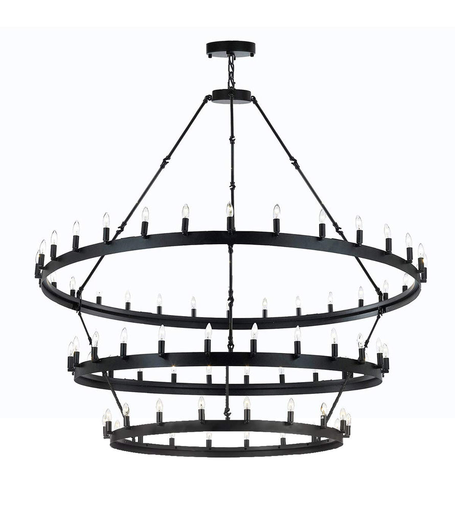 Inspired Camino Style Chandelier – Three Tier Wagon Wheel, Wrought Iron Vintage Barn Metal Rustic Industrial Lighting, W63" x H75"