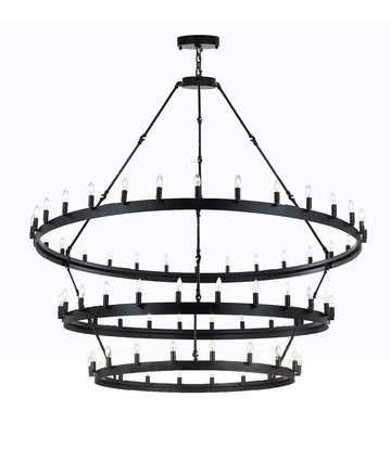 Inspired Camino Style Chandelier - Three Tier Wagon Wheel, Wrought Iron Rustic Industrial Lighting W63" x H75"