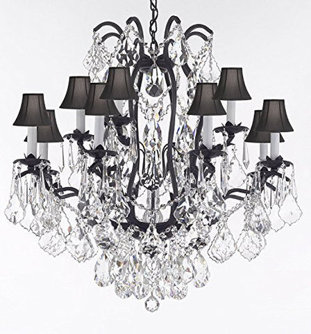 Wrought Iron Crystal Chandelier Lighting Trimmed with Swarovski Crystal! Good for Dining Room, Foyer, Entryway, Family Room, Bedroom, Living Room and More! H 36" W 36" 15 Lights - A500-B91/BLACKSHADES/3034/10+5SW
