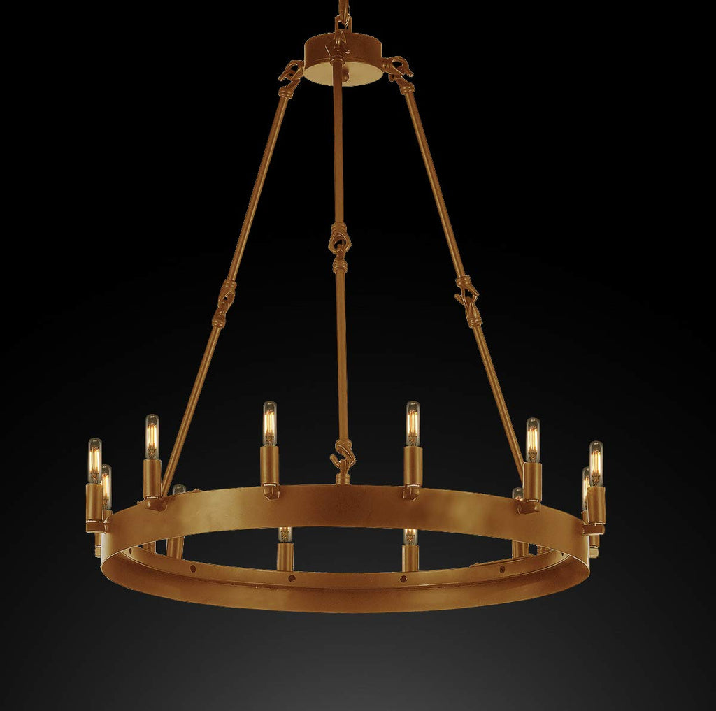 Inspired Camino Style Chandelier – One Tier Wagon Wheel, Wrought Iron Vintage Barn Metal Rustic Industrial Lighting, W26" x H27"