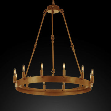 Inspired Camino Style Chandelier - One Tier Wagon Wheel, Wrought Iron Rustic Industrial Lighting W26" x H27"