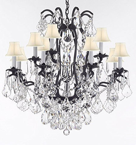 Wrought Iron Crystal Chandelier Lighting Dressed With Diamond Cut Crystal Good For Dining Room Foyer Entryway Family Room Bedroom Living Room And More H 36" W 36" 15 Lights - A500-B91/Whiteshades/3034/10+5Dc