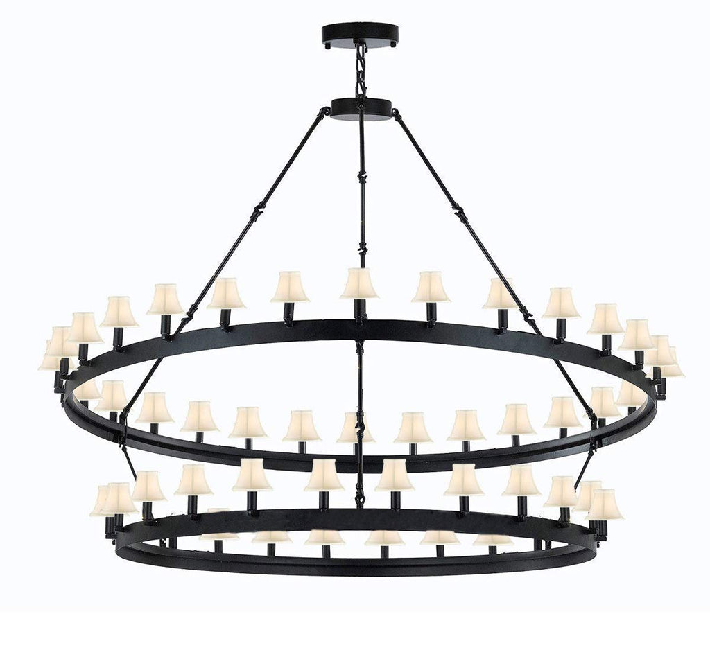 Set of 2 - Castile Two Tier Wrought Iron Chandelier with White Shades - Industrial Loft Rustic Lighting W 63" H 60"