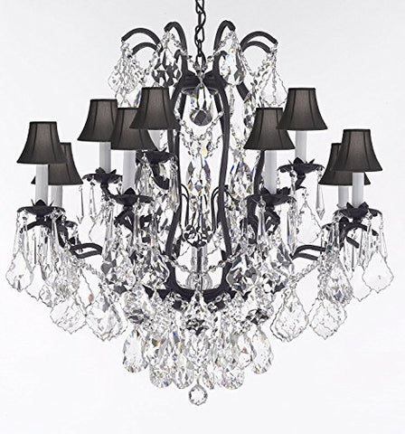 Wrought Iron Crystal Chandelier Lighting Dressed With Diamond Cut Crystal Good For Dining Room Foyer Entryway Family Room Bedroom Living Room And More H 36" W 36" 15 Lights - A500-B91/Blackshades/3034/10+5Dc