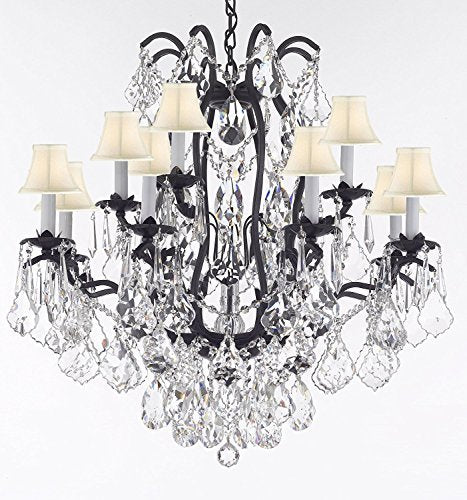 Wrought Iron Crystal Chandelier Lighting Trimmed with Swarovski Crystal! Good for Dining Room, Foyer, Entryway, Family Room, Bedroom, Living Room and More! H 36" W 36" 15 Lights - A500-B91/WHITESHADES/3034/10+5SW