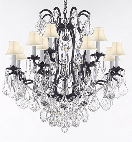 Wrought Iron Crystal Chandelier Lighting Trimmed with Swarovski Crystal! Good for Dining Room, Foyer, Entryway, Family Room, Bedroom, Living Room and More! H 36" W 36" 15 Lights - A500-B91/WHITESHADES/3034/10+5SW