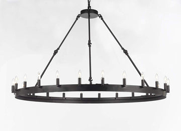 Inspired Camino Style Chandelier - Wrought Iron Vintage Barn Metal Castile One Tier Chandelier Chandeliers Industrial Loft Rustic Lighting W 50" H 34" - G7-B48/3428/24