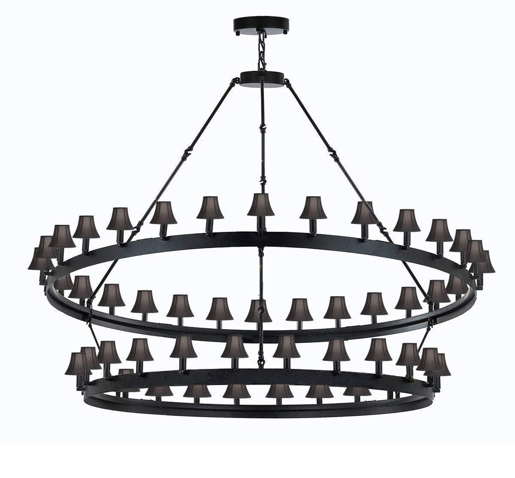 Set of 2 - Castile Two Tier Wrought Iron Chandelier with Black Shades - Industrial Loft Rustic Lighting W 63" H 60"