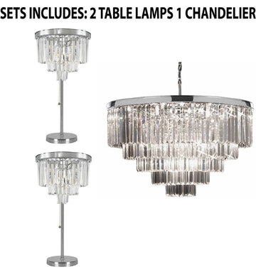 Set of 3 - 2 Palladium Empress Crystal (tm) Glass Fringe 3-tier Table Lamp Lighting - H 32" W14" and 1 Retro Palladium Crystal Glass Fringe Chandelier Chrome Finish H25" W33.5" - 2EA TL/26042/3 + 1EA 2164/18