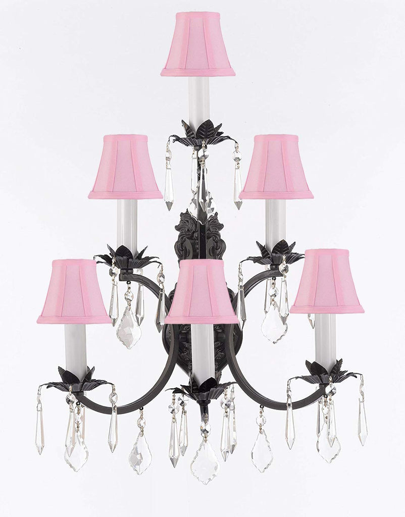 Swarovski Crystal Trimmed Wrought Iron 3 Tier Wall Sconce! W16 x H24 w/Pink Shades - A500-PINKSHADES/6/3034SW