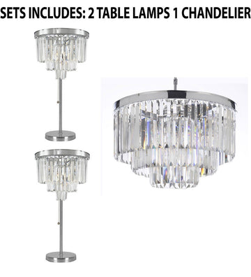 Set of 3 - 2 Palladium Empress Crystal (tm) Glass Fringe 3-tier Table Lamp Lighting H 32" W14"  and 1 Palladium Empress Crystal (tm) Glass Fringe 3-tier Chandelier Chandeliers Lighting Chrome Finish H 21.5" W 19.75" - 2EA TL/26042/3 + 1EA 2164/9