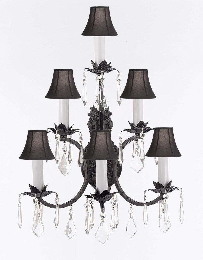 Wrought Iron Wall Sconce Crystal Lighting 3 Tier Wall Sconces W16 x H24 w/Black Shades - A500-BLACKSHADES/6/3034