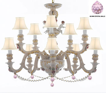 Authentic Capodimonte Porcelain Chandelier Lighting Chandeliers Cottage Chic Made in Italy, Trimmed w/ Roses & Flowers Dressed w/ Crystals and Balls With White Shades - GB102-SC/WHITESHADES/B76/B52/227/5+5