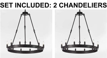Set of 2 - Castile One Tier Wrought Iron Chandelier - Industrial Loft Rustic Lighting W 26" H 27"