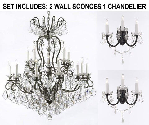 Set of 3-2 Wrought Iron Wall Sconce Crystal Lighting W 11.5" H 14" D 17" and 1 Wrought Iron Crystal Chandelier Lighting W38 H44 - 2EA A500-3/556 + 1EA A500-556/16