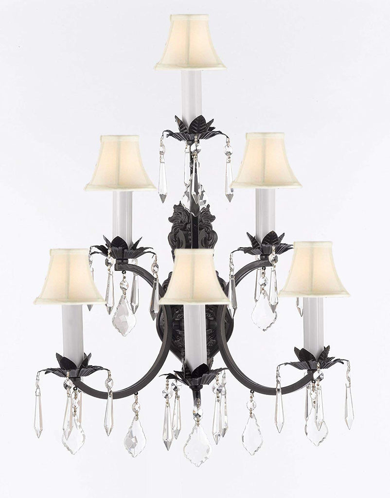 Wrought Iron Wall Sconce Crystal Lighting 3 Tier Wall Sconces W16 x H24 w/White Shades - A500-WHITESHADES/6/3034