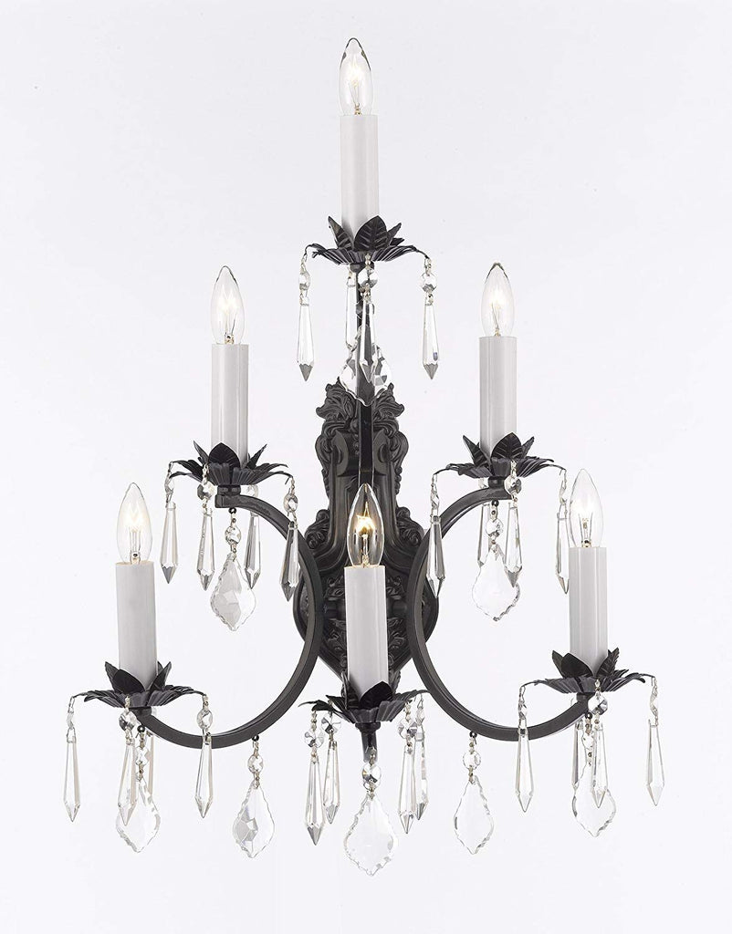 Set of 3-2 Wrought Iron Wall Sconce Crystal Lighting 3 Tier Wall Sconces W16 x H24 and 1 Wrought Iron Crystal Chandeliers Lighting Empress Crystal (TM) H46 W46 Perfect for an Entryway Or Foyer! - 2EA A500-6/3034 + 1EA A500-3034/18+6