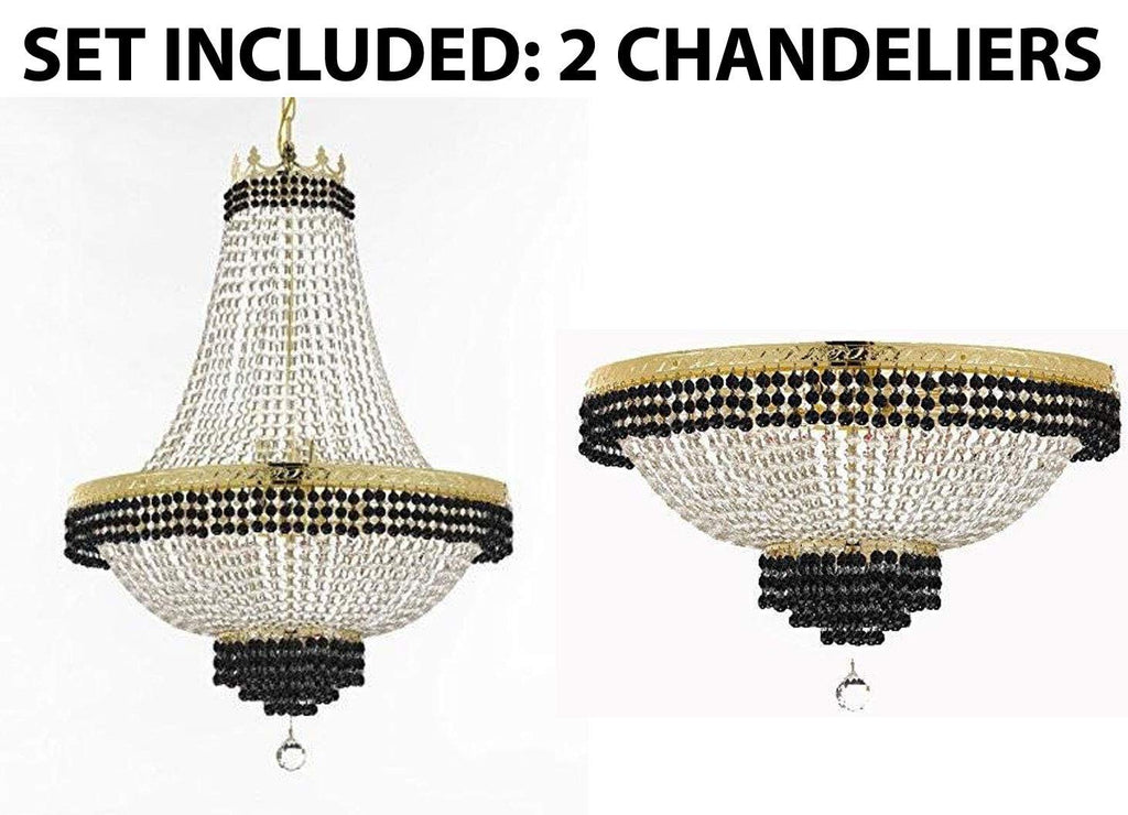 Set of 2-1 French Empire Crystal Chandelier Lighting Trimmed w/Jet Black Crystal! H36" X W30" and 1 Flush French Empire Crystal Chandelier Trimmed with Jet Black Crystal! H18" X W24" - B79/CG/870/14 + B79/CG/FLUSH/870/9 A500-