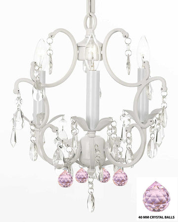 WHITE WROUGHT IRON CRYSTAL MINI CHANDELIER W/ PINK CRYSTAL BALLS H14" x W11" - G7-B76/WHITE/618/3