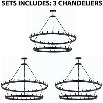 Set of 3 - Wrought Iron Vintage Barn Metal Castile Two Tier Chandelier Industrial Loft Rustic Lighting W 63" H 60" Great for The Living Room, Dining Room, Foyer and Entryway, Family Room, and More - 3EA G7-3428/54