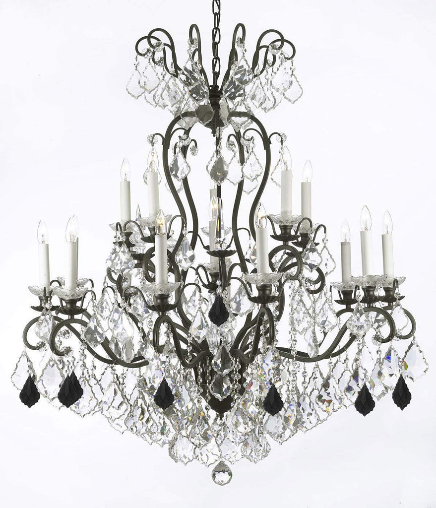 Wrought Iron Crystal Chandelier Lighting Dressed with Jet Black Crystals W38" H44" - Great for the Dining Room, Foyer, Entry Way, Living Room - A500-B97/556/16