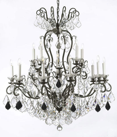Wrought Iron Crystal Chandelier Lighting Dressed with Jet Black Crystals W38" H44" - Great for the Dining Room, Foyer, Entry Way, Living Room - A500-B97/556/16