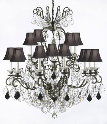 Swarovski Crystal Trimmed Chandelier Wrought Iron Crystal Chandelier Lighting Dressed with Jet Black Crystals W38" H44" - Great for the Dining Room, Foyer, Entry Way, Living Room w/Black Shades - A500-B97/BLACKSHADES/556/16SW