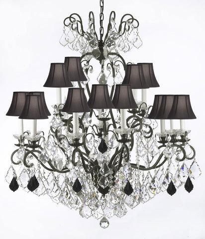 Wrought Iron Crystal Chandelier Lighting Dressed with Jet Black Crystals W38" H44" - Great for the Dining Room, Foyer, Entry Way, Living Room w/Black Shades - A500-B97/556/16/BLACKSHADES