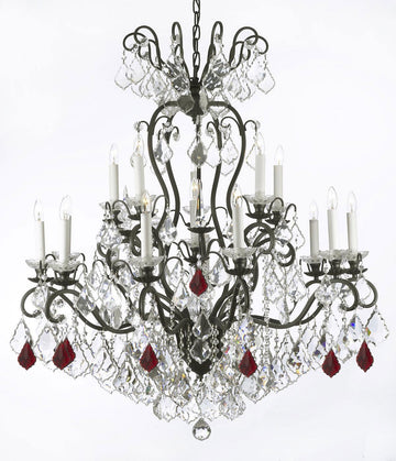 Wrought Iron Crystal Chandelier Lighting Dressed with Ruby Red Crystals W38" H44" - Great for the Dining Room, Foyer, Entry Way, Living Room - A500-B98/556/16