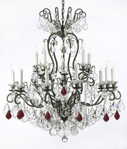 Swarovski Crystal Trimmed Chandelier Wrought Iron Crystal Chandelier Lighting Dressed with Ruby Red Crystals W38" H44" - Great for the Dining Room, Foyer, Entry Way, Living Room - A500-B98/556/16SW
