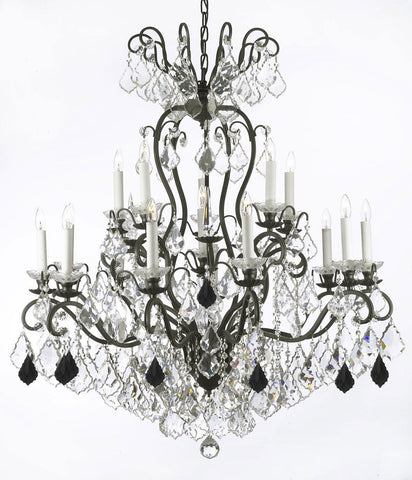 Swarovski Crystal Trimmed Chandelier Wrought Iron Crystal Chandelier Lighting Dressed with Jet Black Crystals W38" H44" - Great for the Dining Room, Foyer, Entry Way, Living Room - A500-B97/556/16SW