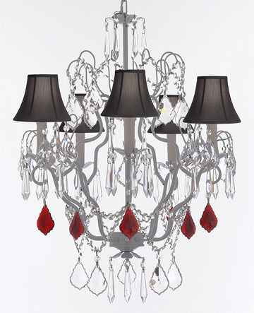Swarovski Crystal Trimmed Chandelier White Wrought Iron Swarovski Crystal Trimmed Chandeliers Lighting H27" x W21" Dressed w/Ruby Red Crystal Great for Closets, & Dining Rooms w/Black Shades - J10-B98/BLACKSHADES/WHITE/26025/5SW