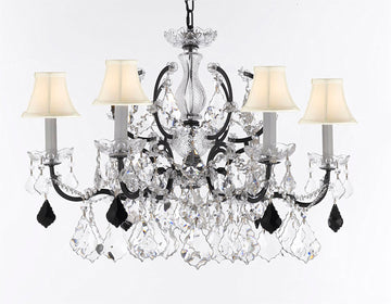 19th C. Baroque Iron & Crystal Chandelier Lighting Dressed with Empress Crystal (tm) - Dressed w/Jet Black Crystals Great for Kitchens, Closets, & Dining Rooms H 25" x W 26" w/White Shades - G83-B97/WHITESHADES/994/6